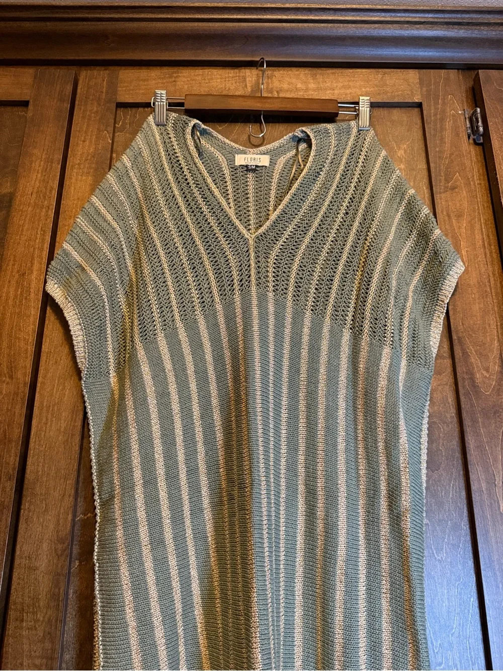 Knit V-Neck Stripe Swim Coverup in Sage and Cream